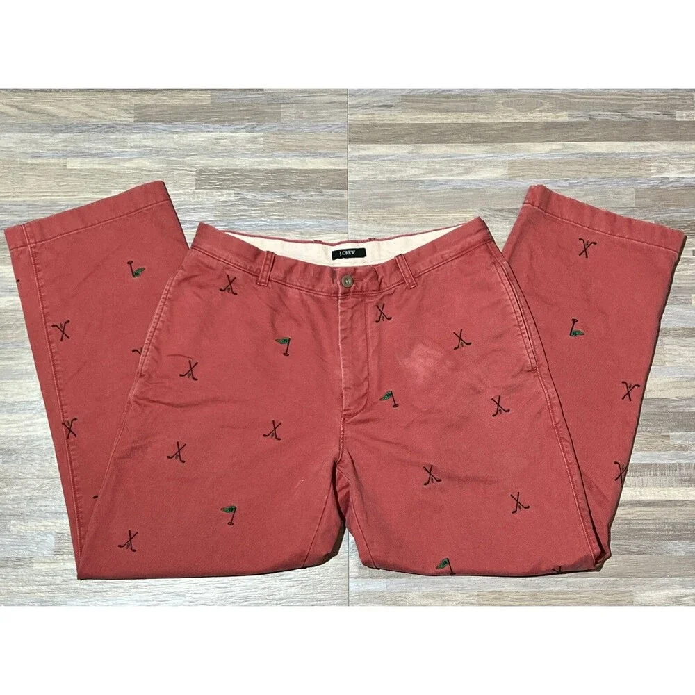 J Crew Mens Chino Pants 34x30 Pink Straight Fit Golf Club / Flag Embroidery